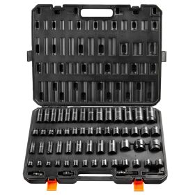 3/8" & 1/2" Drive Impact Socket Set, 59PCS Socket Set SAE 5/16" to 1-1/4" and Metric 6-32mm, 6 Point Cr-Mo Alloy Steel for Auto Repair, Easy-to-Read