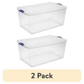 (2 pack) 105 Quart Latch Box, Clear Plastic Storage Bin with Clear Lid, Blue Latch